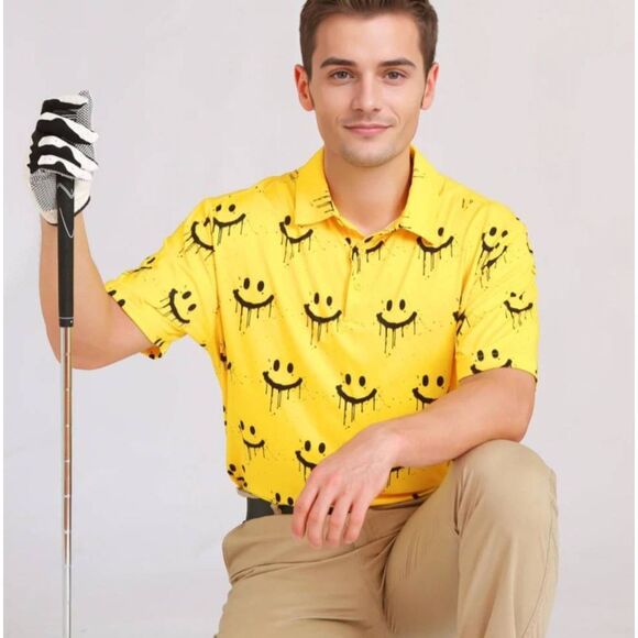 Suntasy Dry Fit Polo Golf Shirt,Yellow and Black Smiley Face Prt., NEW, Small - Picture 6 of 6